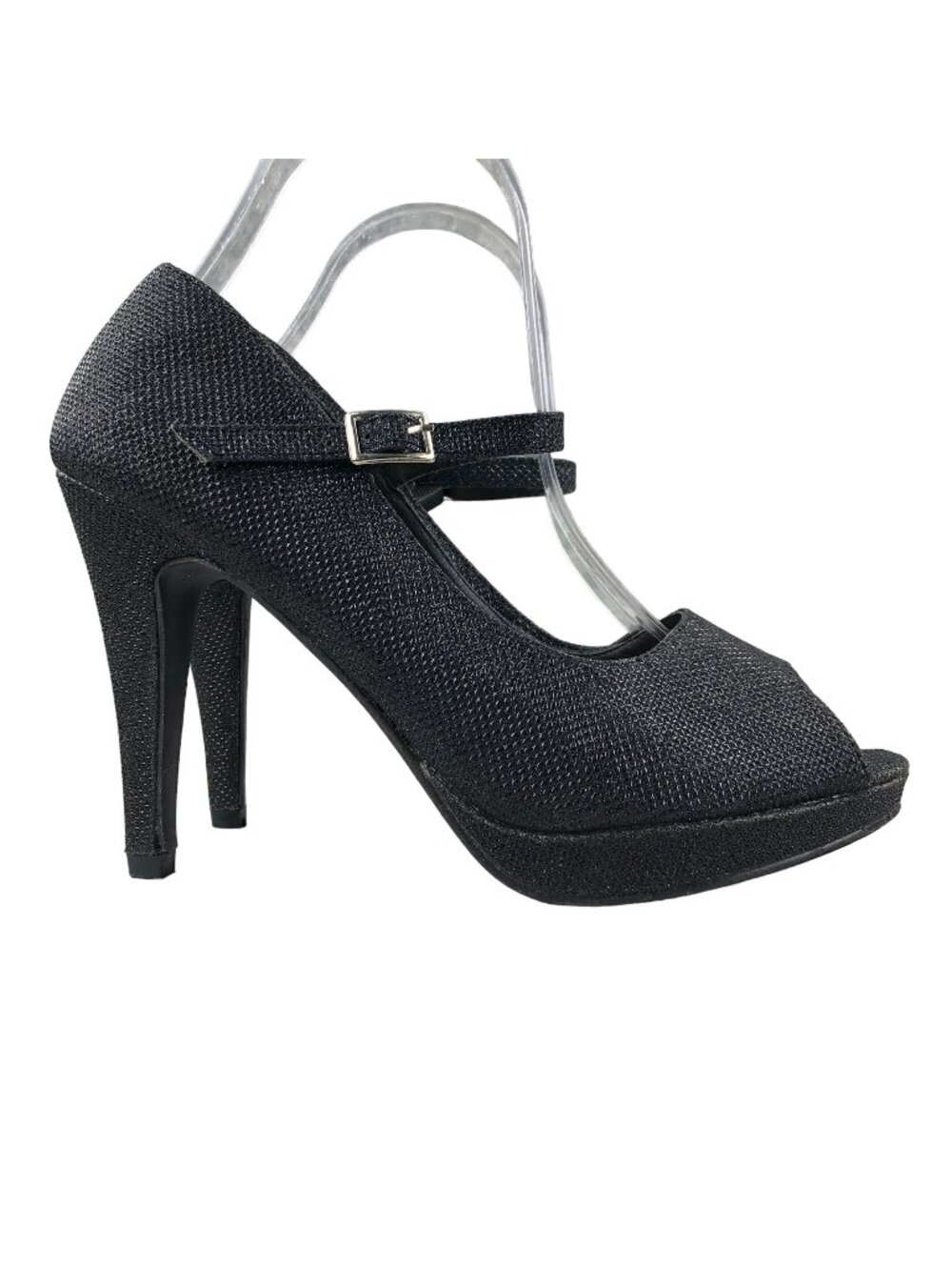 Styluxe Women's Size 7.5 Black Shimmer Peep Toe Mary Jane Strap High Heels Pumps